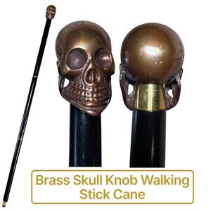 Solid Brass Skull Head Walking Cane Wooden Stick